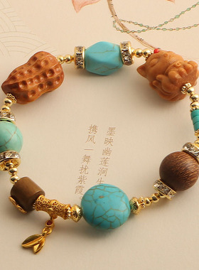 天然檀木多宝葫芦手串檀香木松石款手作文玩饰品摆摊新款手链批发