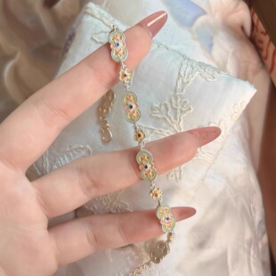 古法珐琅彩葫芦手链国风新中式白铜百搭花朵新款四叶描金喜乐手串