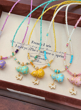 原创时尚彩色多巴胺滴油珐琅锆石小狗葫芦项链轻奢小众长款毛衣链