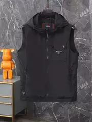 High-End Trendy Brand 2025 Spring New Hooded Vest for Men with Zipper, Button Pockets, Triangle Logo, Vest, Waistcoat, Trendy