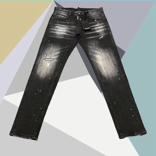 D2牛仔裤男士刀割泼墨破洞小脚裤