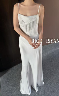 RICE正版2026春季新款价韩版时尚法式方领流苏装饰修身显瘦连衣裙