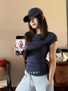 洋气高级ins圆领收腰显瘦纯色短袖 LIMO正版 韩版 新款 T恤女 2026春季