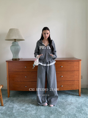 十三行正品2025秋季新款韩系慵懒连帽拉链卫衣外套+休闲裤套装女