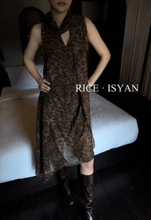 RICE正版2026春季新款时髦洋气百搭ins豹纹印花不规则下摆连衣裙