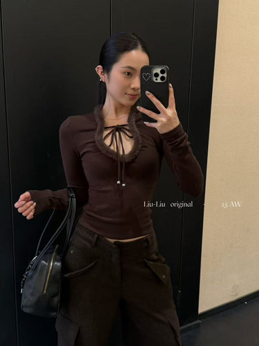 十三行正版2025冬季新款韩版洋气百搭毛边U领系带显瘦纯色长袖T恤