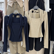 Simida正版2025冬季新款韩版洋气时尚百搭假两件镂空挂脖打底衫女