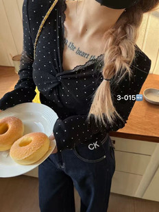 百搭V领拼接蕾丝波点长袖 WHT正版 洋气时尚 韩版 T恤女 2026春夏新款