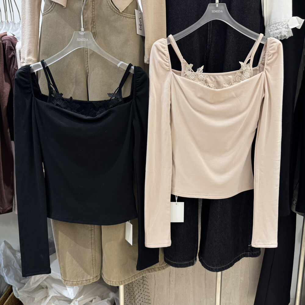 Simida正版2025冬季新款韩版洋气百搭V领蕾丝拼接假两件纯色上衣
