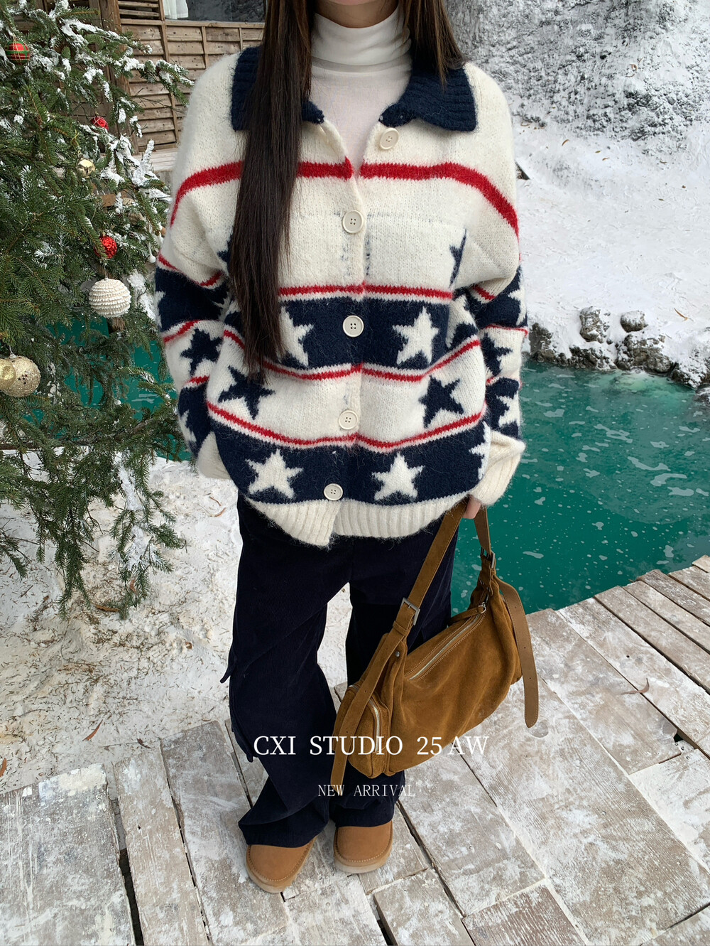 十三行正版2025冬季新款韩版洋气百搭图案提花翻领单排扣宽松毛衣