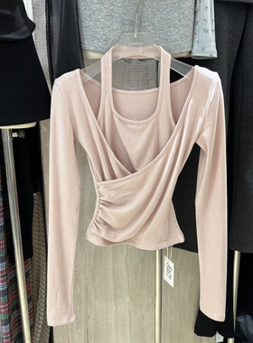 Simida正版2025冬季新款韩版洋气时尚百搭挂脖假两件纯色打底衫女