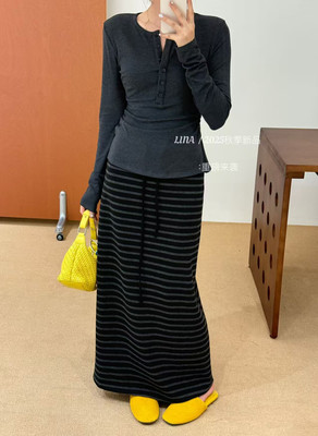 十三行正品2025秋季新款韩版洋气领扣修身显瘦长袖+条纹半身裙女