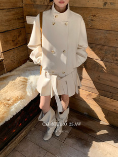 配腰绳 十三行正版 韩系小众压褶双排扣立领连衣裙 新款 2025冬季