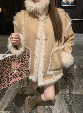 LINA正版2025冬季新款韩版洋气时尚百搭ins立领宽松皮毛一体外套