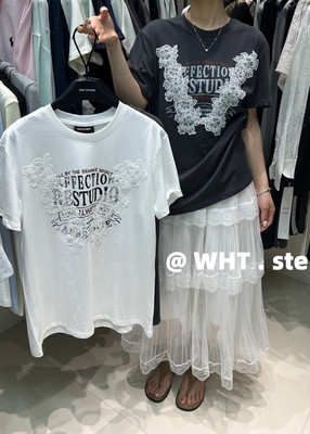 WHT正版2026春夏新款韩版时尚百搭ins字母印花蕾丝刺绣短袖T恤女