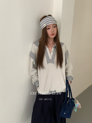 十三行正品2025秋季新款韩系时尚百搭ins翻领拼接慵懒宽松卫衣女