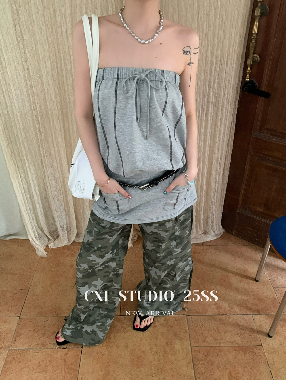 十三行2025夏季新款韩版洋气百搭ins抽绳抹胸拼色中长款背心上衣