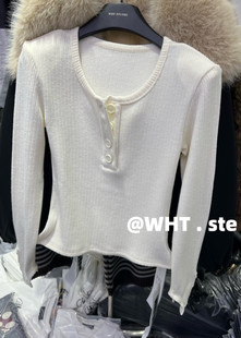 韩版 新款 洋气时尚 百搭U领纽扣纯色显瘦长袖 WHT正版 打底衫 2025冬季