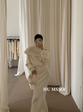 十三行正版2025冬季新款时髦洋气百搭斜肩毛领卫衣+半身裙套装女