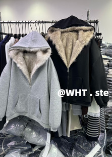 洋气时尚 WHT正版 韩版 新款 ind连帽宽松拉链加绒两面穿外套 2025冬季