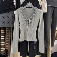 Simida正版2025冬季新款韩版洋气时尚百搭蕾丝花边拼接系带打底衫