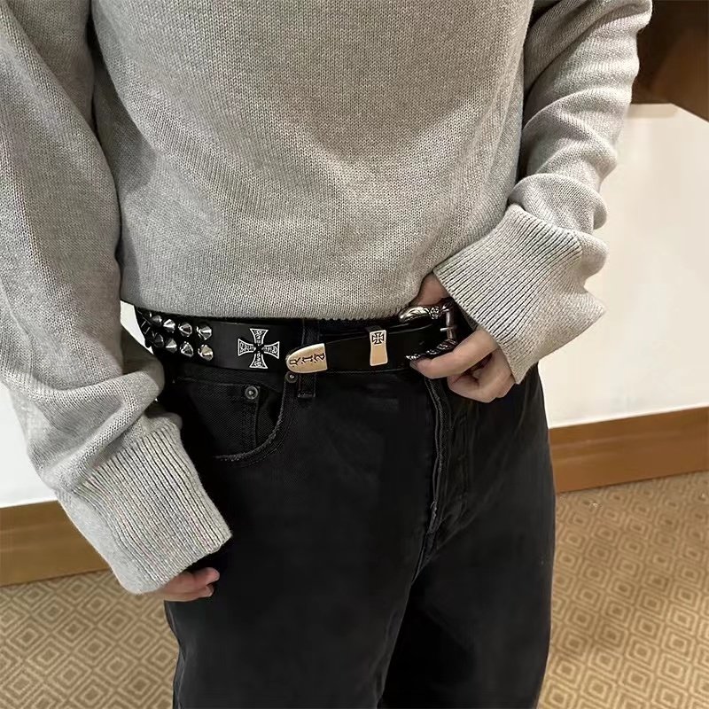 【性价比款】ERD忧郁的富二代玫瑰花腰带双层十字架摇滚铆钉牛皮 - 实物图