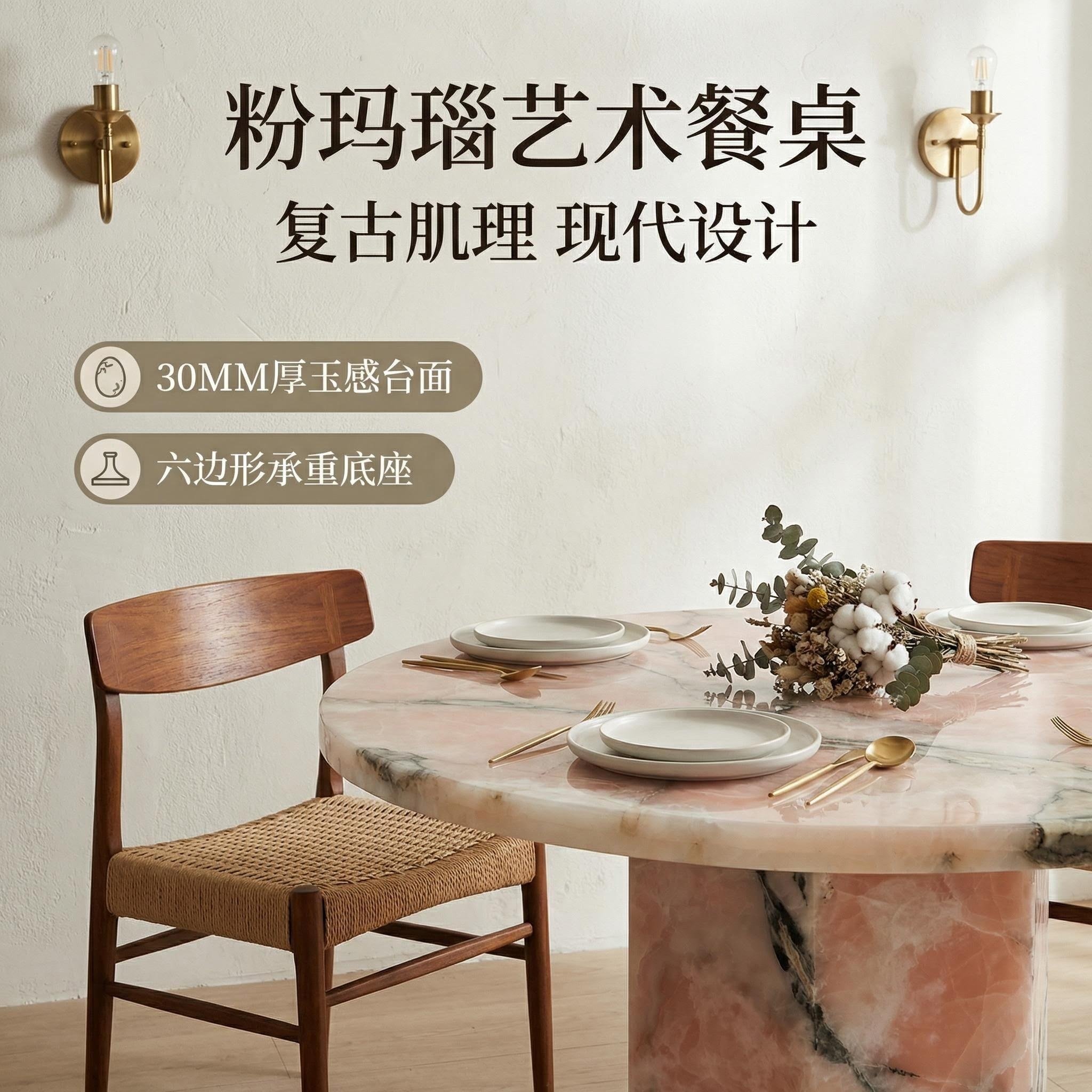 粉色玛瑙天然玉石六边底座台面别墅客厅餐厅现代设计师款圆形餐桌