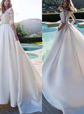 高级定制罗马宫廷公主风中袖优雅缎面婚纱大裙摆贴花口袋礼服李阳