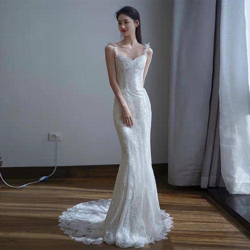 定制韩式简约吊带蕾丝轻婚纱新娘高贵气质显瘦鱼尾拖尾晚礼服亿红