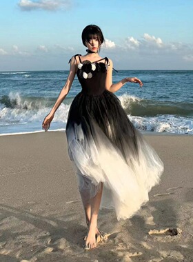 定制法式轻奢重工黑色渐变网纱蓬蓬裙不规则吊带生日晚礼服瑜萱