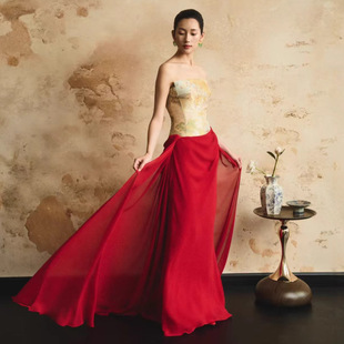 高级定制新中式 复古名媛千金风敬酒服晨袍晚礼服收腰显瘦抹胸漫缘