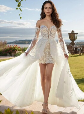 高级定制葡萄牙小众设计轻奢唯美重工蕾丝刺绣性感抹胸婚纱裙美缘