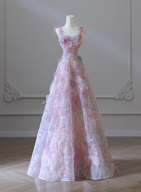 高级定制梦幻浪漫紫色花朵轻奢敬酒礼服重工设计生日宴会礼服天使