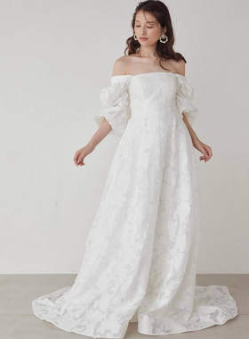 高级定制法国复古皇室贵族名媛优雅一字肩泡泡袖蕾丝拖尾婚纱锦年