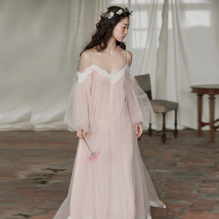 高级定制新中式 吊带复古小众一字肩晨袍粉色订婚连衣裙礼服裙漫缘