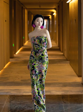 高级定制复古优雅名媛重工轻奢小众礼服艺考演出宴会抹胸长裙靓亮