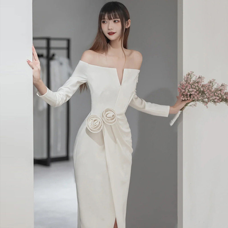 法式复古轻婚纱字肩缎面鱼尾礼服