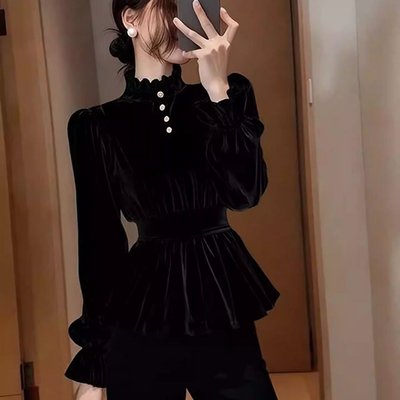 黑色丝绒衬衫2025冬季独特漂亮重要场合气质名媛高级感收腰上衣女