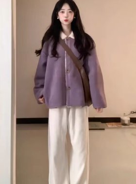 紫色冬季外套女2025新款宽松百搭麂皮一体翻领加绒加厚保暖羊羔毛