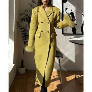 2024冬新款袖口可拆卸狐狸毛中长款收腰毛呢大衣女高级感呢子外套