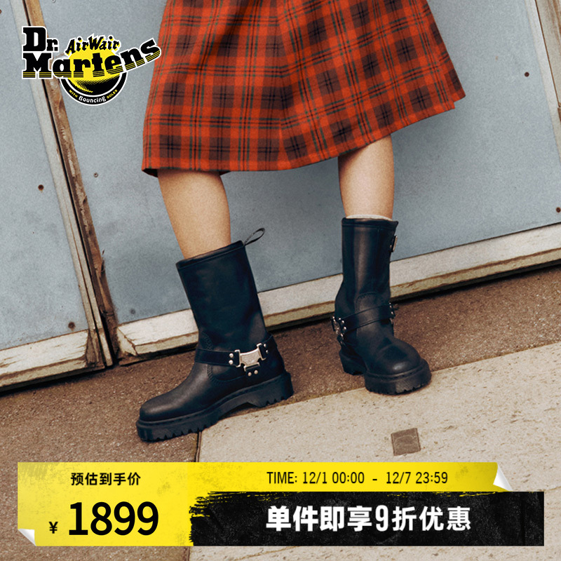 Dr.Martens马丁博士Anistone Hi明星同款冬机车风黑长筒骑士靴 