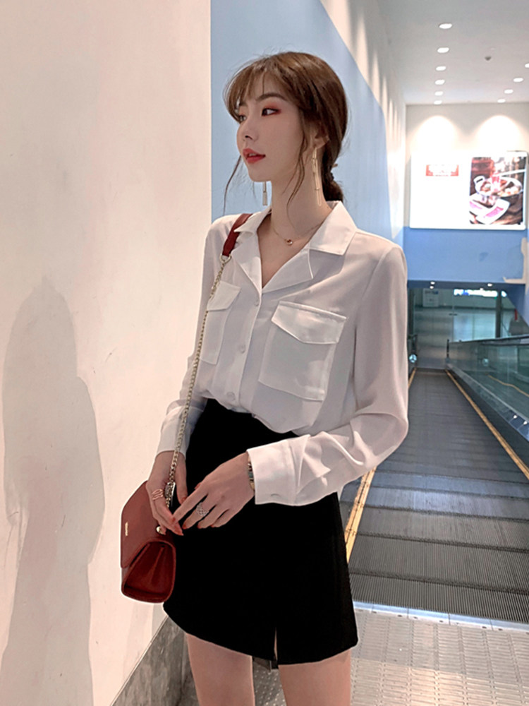 白色衬衫女士新款2020年春秋长袖雪纺衬衣设计感小众上衣气质职业