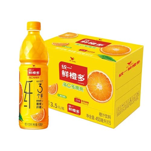 统一鲜橙多450ml瓶橙汁常温果汁饮品维生素C三个半膳食纤维