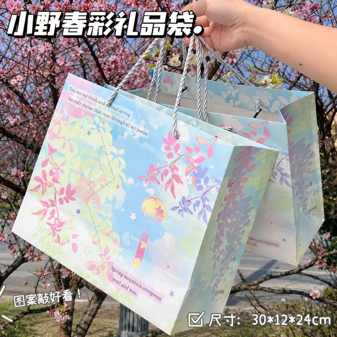 清新小野春彩礼品袋高颜值节日礼物手提袋大容量加厚耐用白卡纸袋