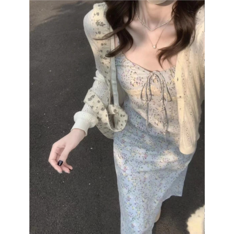 2026款法式高级感小个子漂亮掐腰长裙碎花吊带连衣裙两件套装女夏