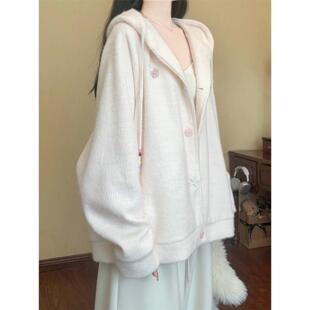 软糯慵懒高级感粉色连帽毛衣外套女款秋2025新款针织开衫早秋上衣