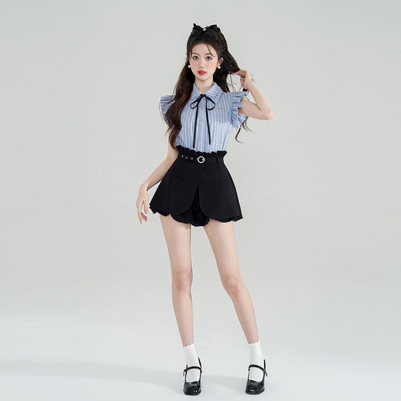 蓝色条纹衬衫套装裙子女夏高级感小飞袖衬衣半身裙韩系穿搭一整套