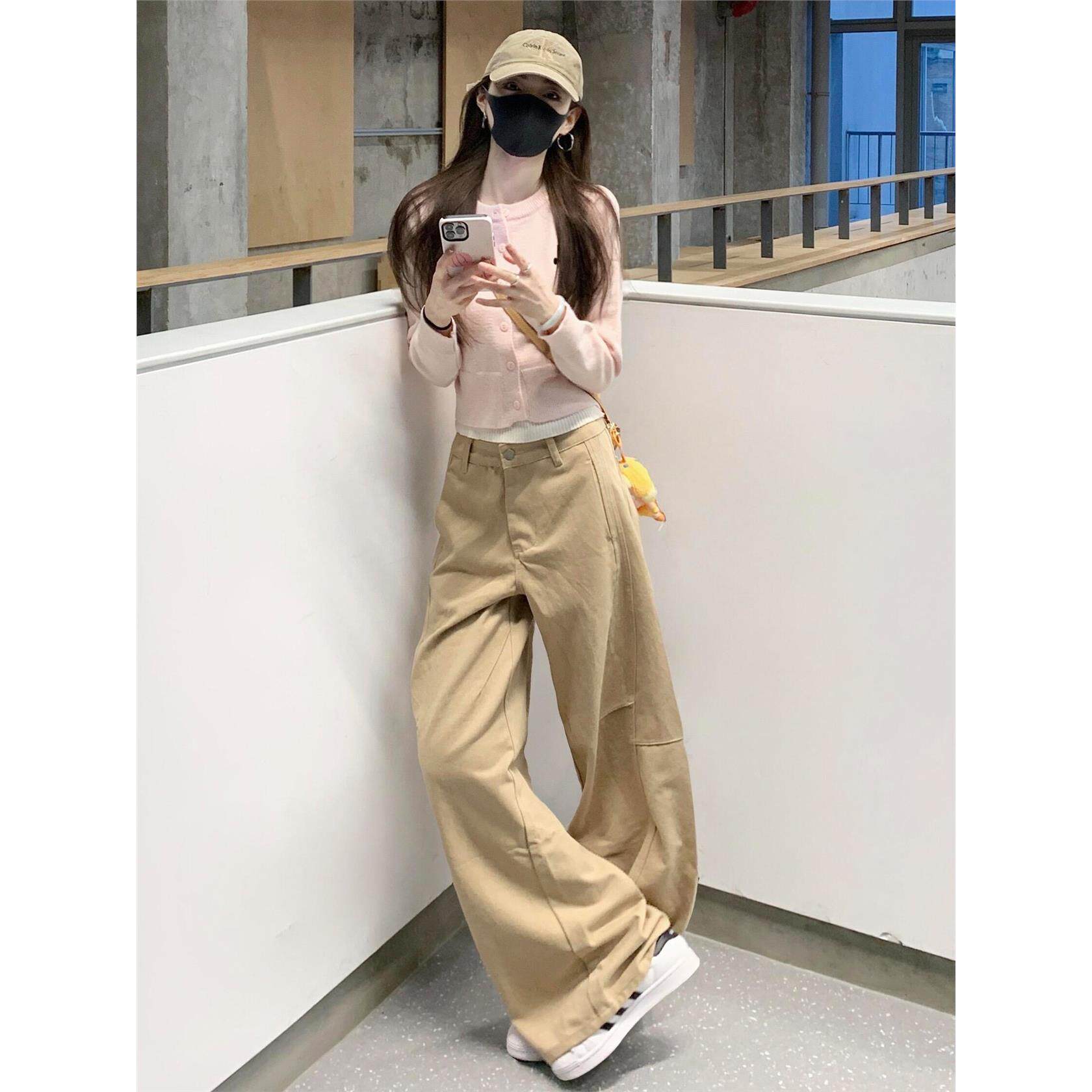 美式覆古卡其色阔腿牛仔裤女秋季款高腰宽松显瘦小个子休闲拖地裤