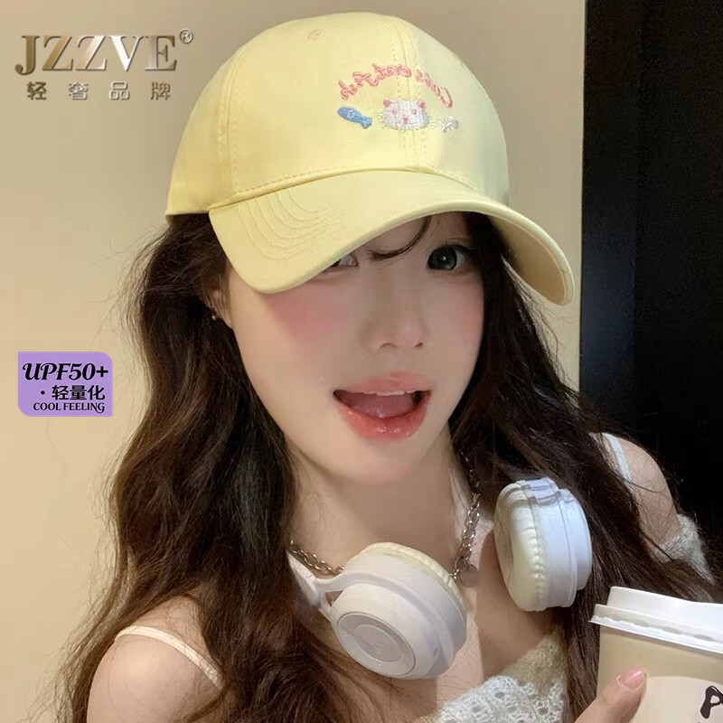 2026新款刺绣小猫棒球帽女大头围宽簷显脸小UPF50+防晒休闲鸭舌帽