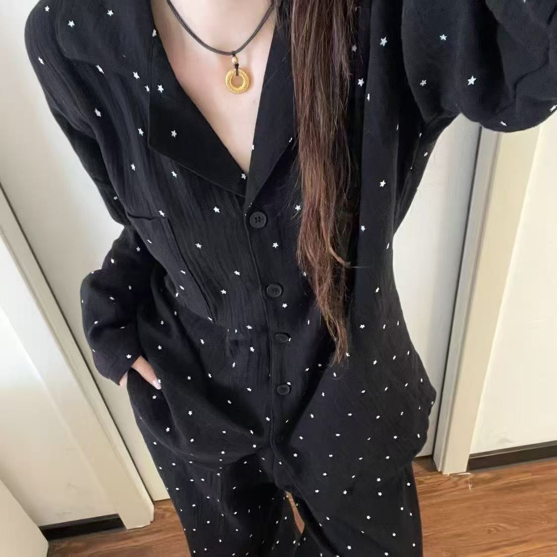 2026新款星星黑色纯棉睡衣女睡衣/家居服套装